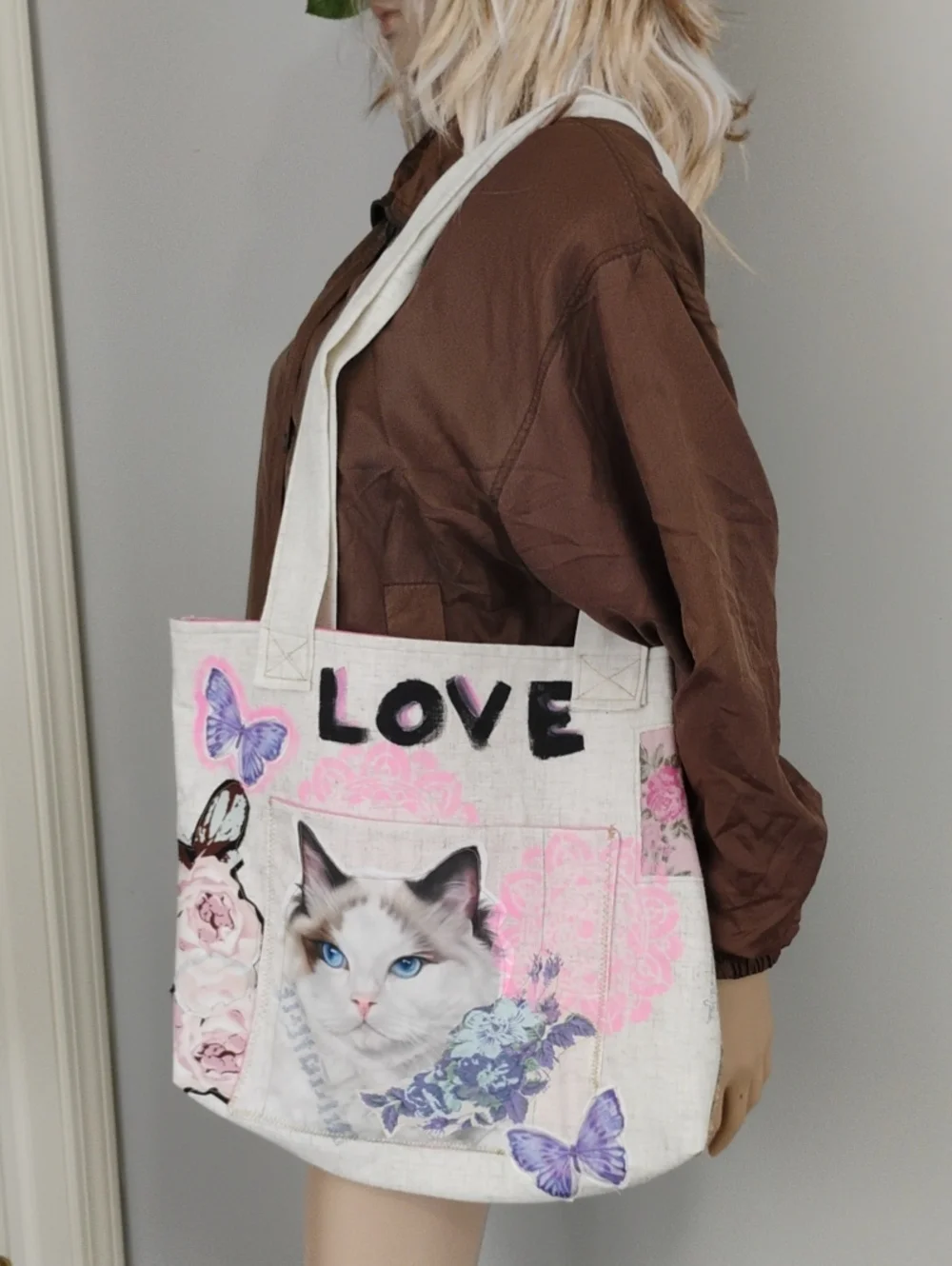 OOAK Handcrafted Upcycled Canvas Tote Bag Cat Butterfly Patchwork Floral